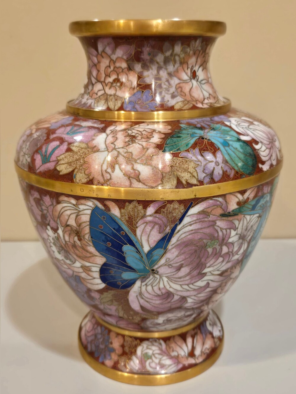 Ornate Pink and Blue Butterfly Cloisonné Vase